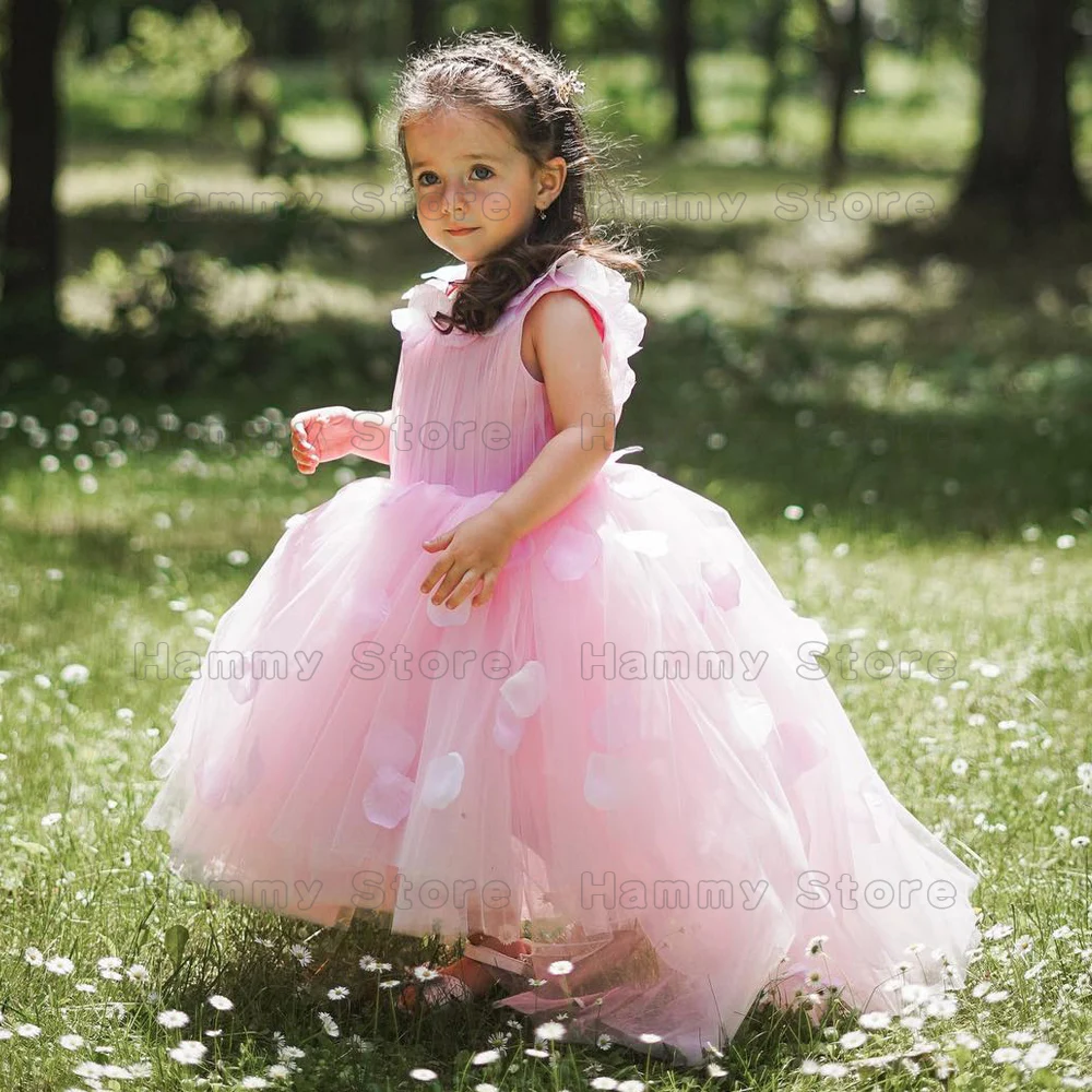 Girls Flower Petal Party Dresses for Birthday Sleeveless O Neck Pleat Puffy Long Weddings  Girl Dress Pageant Gown