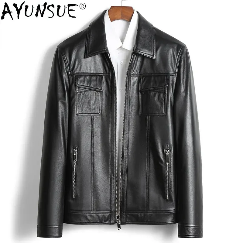 

Natural Leather Jackets for Men Pure Cowhide Jacket Short Zipper Thin Lapel Straight Hem Coat Spring Fall Trend Man Tops FCY4773