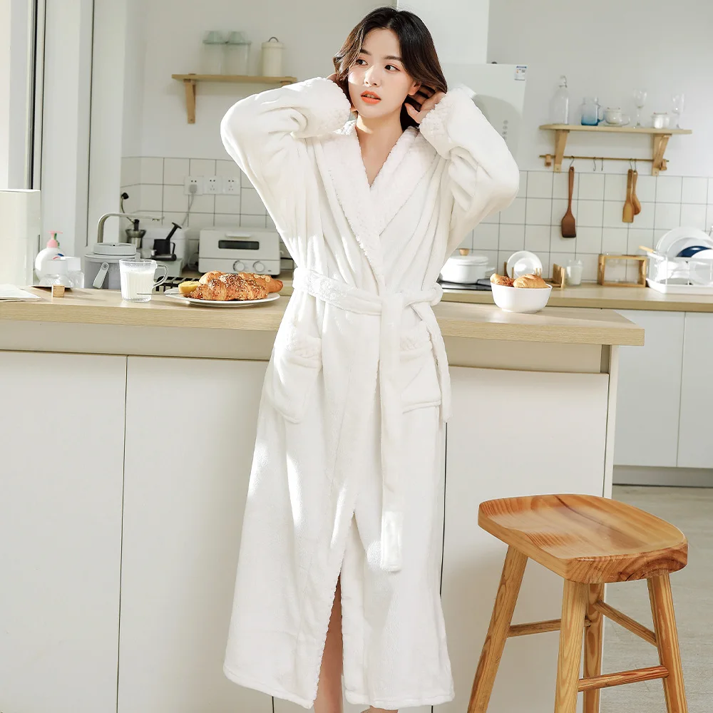 Couple Long Coral Fleece Robe for Women Autumn Winter Plush Flannel Sleepwear Ankle-Length Men's Bathrobe Home Clothes