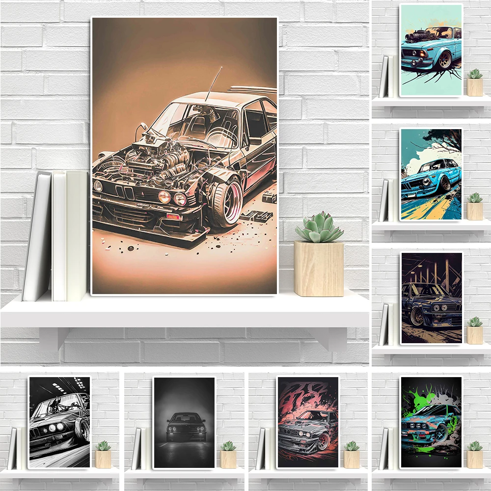 Vintage Sports Car M3 E30 E46 Comic Poster Luxury Racing Watercolor Canvas Painting Black White Supercar Wall Art Room Decor