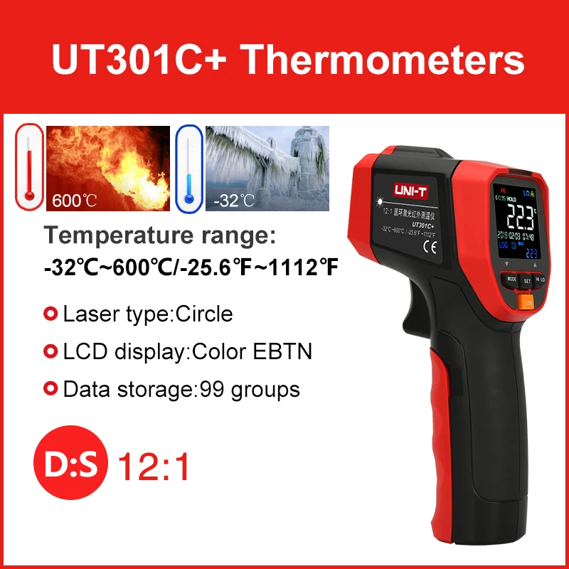 UNI-T Contactloze infrarood laserthermometer HD-kleurenscherm Industriële temperatuurmeting UT301A+ UT301C+ IR-pistool UT303C+
