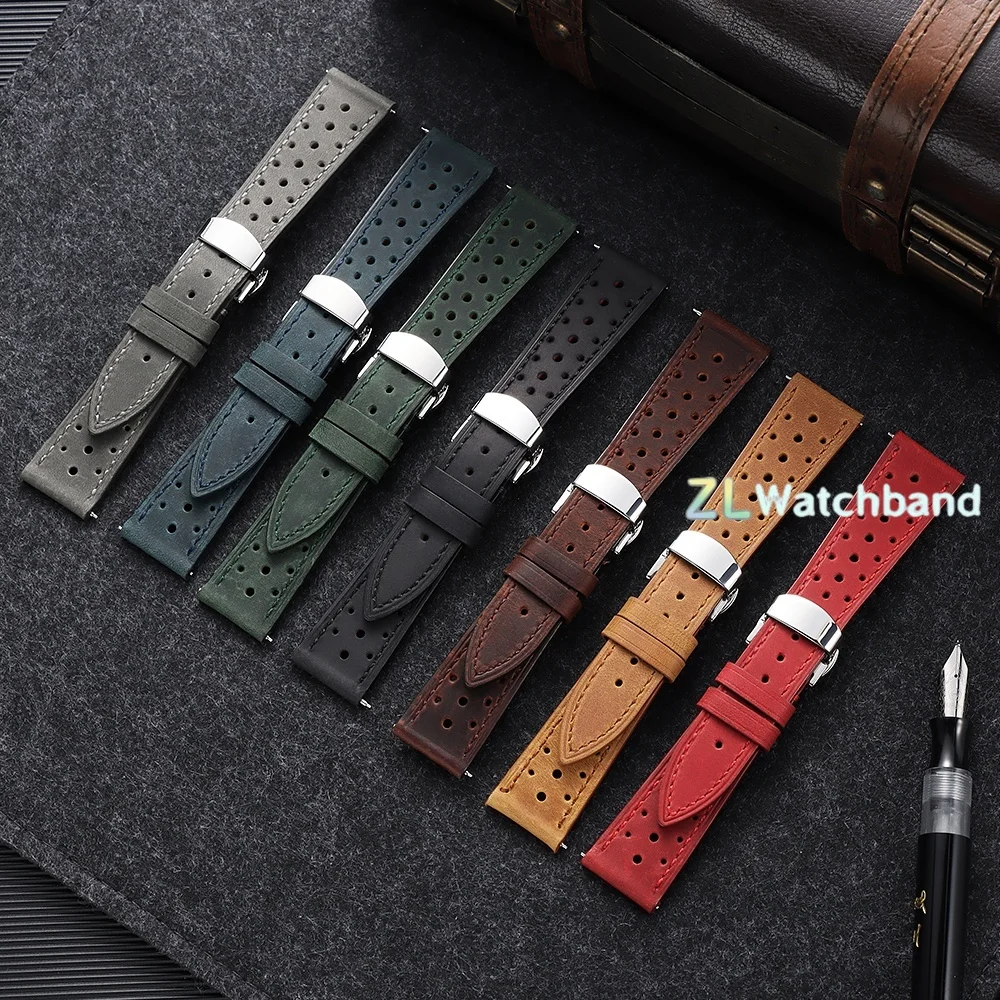 Vintage Racing Leather Watch Strap 18/19/20/21/22/24mm Quick Release Strap Butterfly Buckle Brown Breathable Porous Watchbands