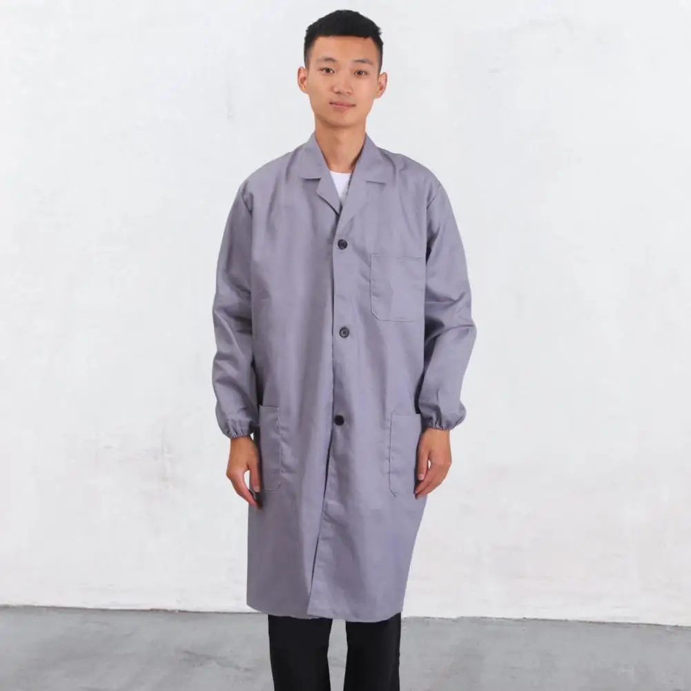 Work Coat Long Sleeved Lab Labor Dust Proof Work Clothing Single Breasted Mid length Washable Work Jacket Men Uniform