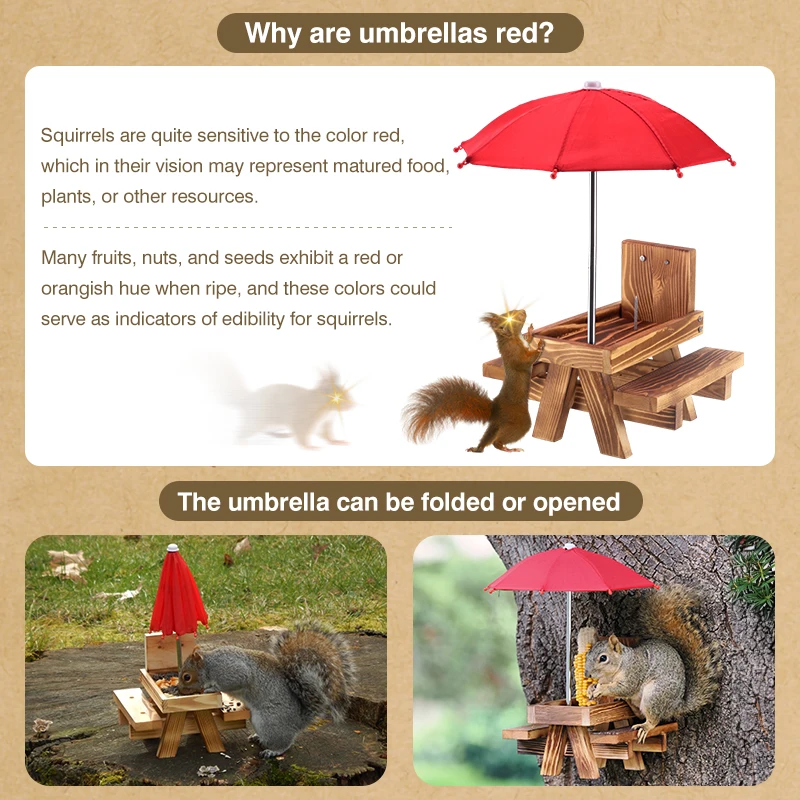 Outdoor Bird Feeder - Squirrel Feeder Table with Red Umbrella and Corn Holder, Wooden Animal Picnic Table for Outdoor Yard Porch