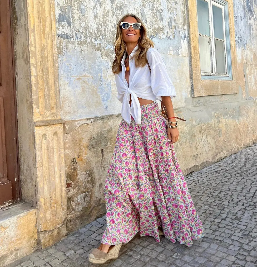 Summer High Waist Long Printed A-Line Skirt Floral Skirt Women Casual Beach Faldas Female Boho Elastic Waist Holiday Maxi Skirts