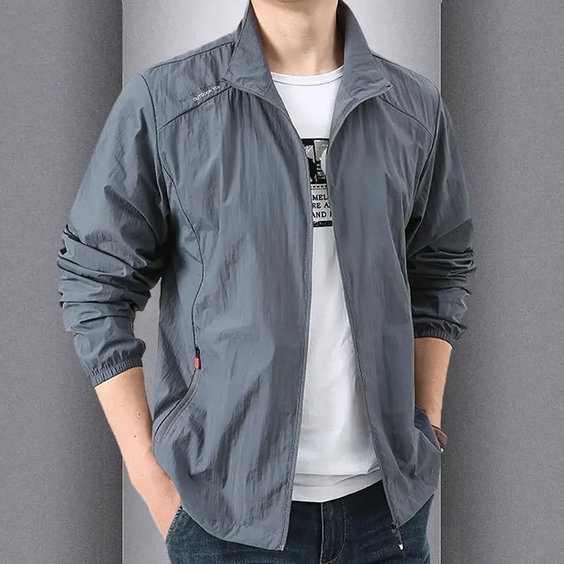 Summer Men's Zipper Sun Protection Thin Breathable Ice Silk Stand Collar Jacket Outdoor Sports Outwear