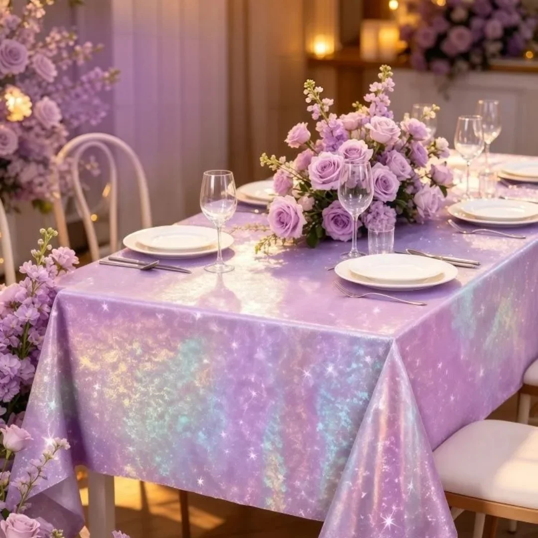 2/4/6PC Purple Iridescent Holographic Glitter Laser Disposable Tablecloth Rectangle Table Cover for Wedding Birthday Party Decor