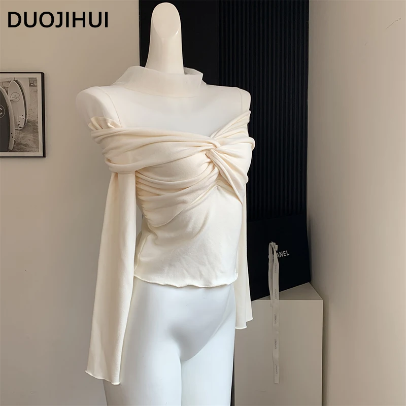 Duojihui Französisch Stricken Herbst neue schlanke weibliche T-Shirts süße schicke Slash Neck grundlegende einfarbige Mode einfache Frauen T-Shirts