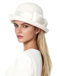 Elegant White Luxury Wool Fedoras for Women Curl Brim Top Hat Wedding Church Cocktail Tea Party Ladies Fashion Accessory