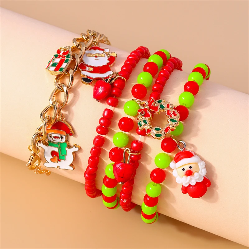 

5Pcs/Set Fashion Handmade Beads Bracelets for Women Christmas Santa Claus Snowman Charms Bracelets Girls Festival Jewelry Gifts