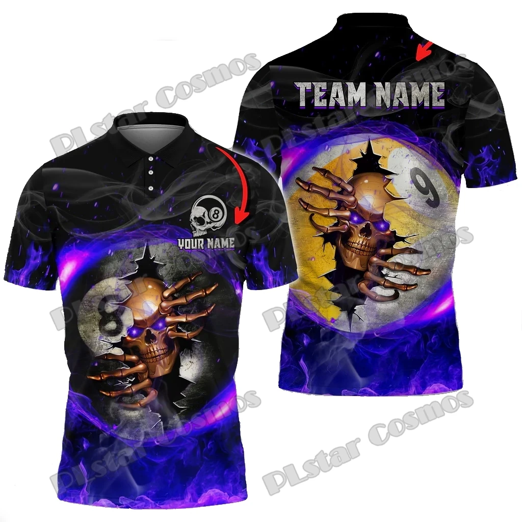 Billiards 8 Ball & 9 Ball Fire Skull Crack Personalized Name 3D Printed Premium Men's Polo Shirt Summer Casual Polo Shirt POL178