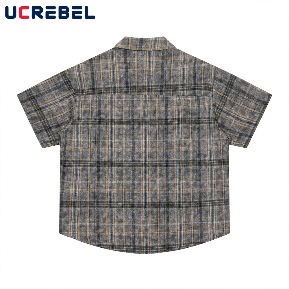 Plaid Letter Print Short Sleeve Shirts Mens Summer High Street Single Breasted Loose Curved Hem Lapel Half-Sleeve Shirts Men