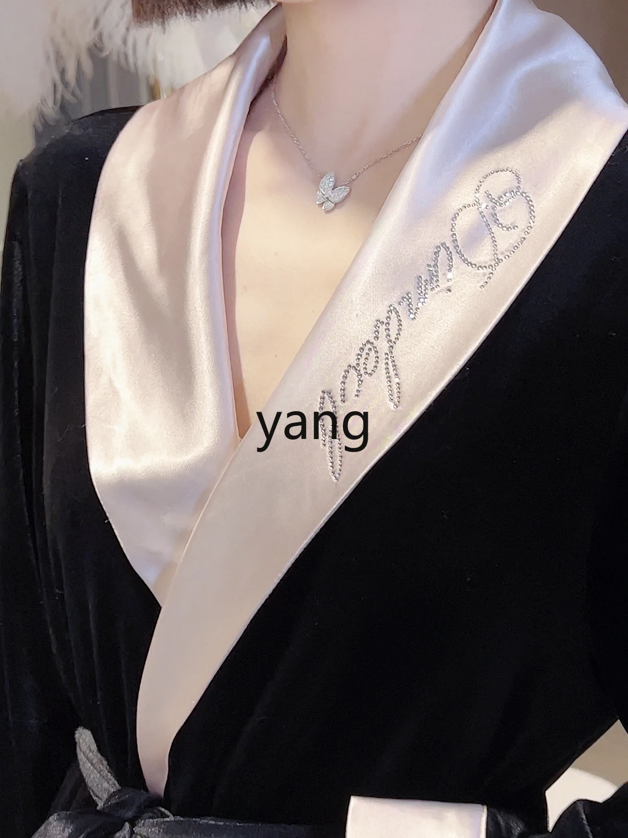 LMM light luxury lapel satin velvet splicing nightgown medium and long high-end spring and autumn pajamas women's models