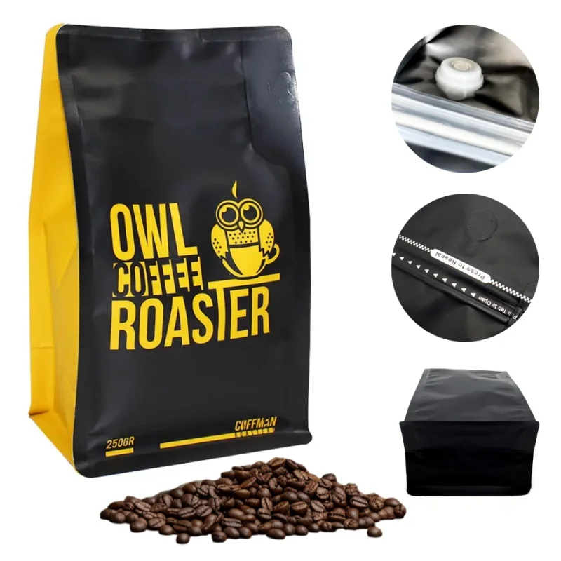 Producto personalizado resellable De café, 250G, 12 Oz, 5lb, logotipo impreso personalizado, plástico De 12 oz, bolsas De café De fondo plano, embalaje con Val