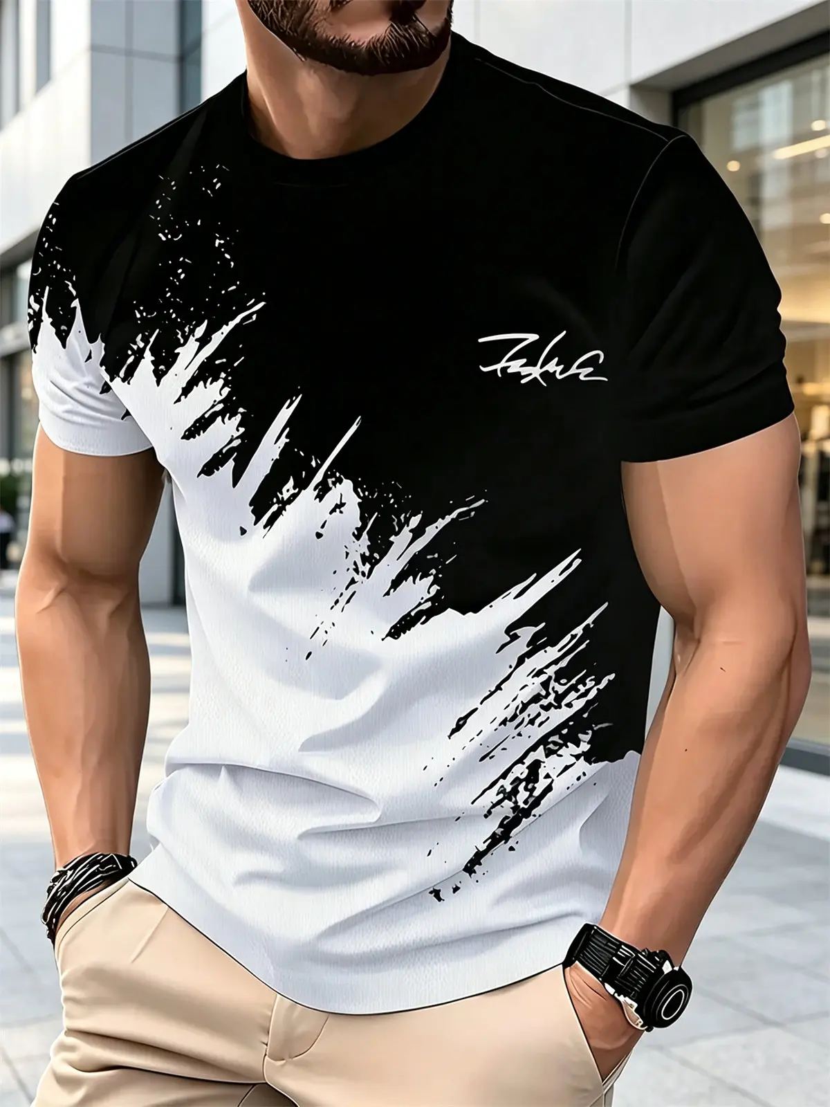 Men's T-shirt Black White Color Block Splash Paint Print Short Sleeve Tees Hip Hop Streetwear Patchwork Tops O-Neck Clothes