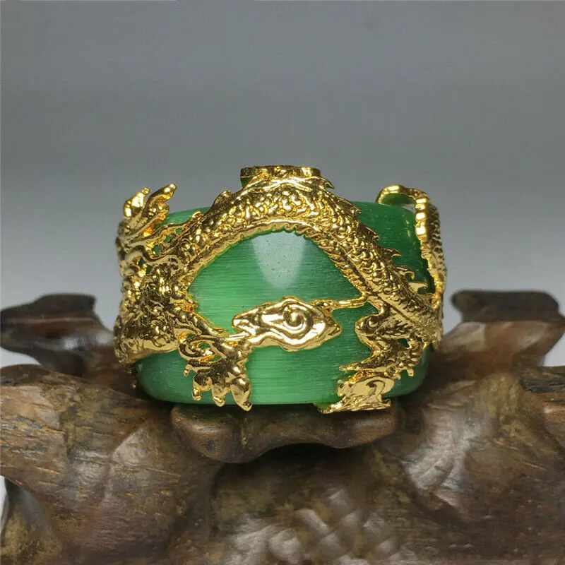 

0.98" Exquisite Chinese Pure Copper Gilt Dragon Inlay Cat Eye Ring Fingerstall