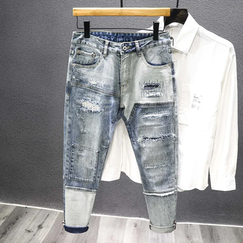 

Autumn Winter New Trend Men's Straight Slim Jeans Ripped Hole Patch Vintage Distressed Fashion Denim Pants Streetwear S50