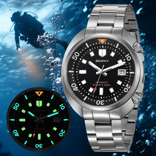Reloj de buceo BERNY con compresor automático para hombre, superluminoso Miyota 8215, zafiro, natación, deporte, 20ATM, reloj de buceo mecánico para hombre