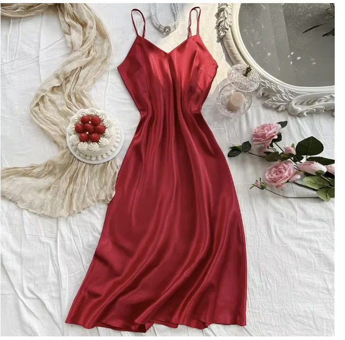 Elegante camisón de noche para mujer, sexy, cómodo y de corte largo, pijama de color liso para mujer.