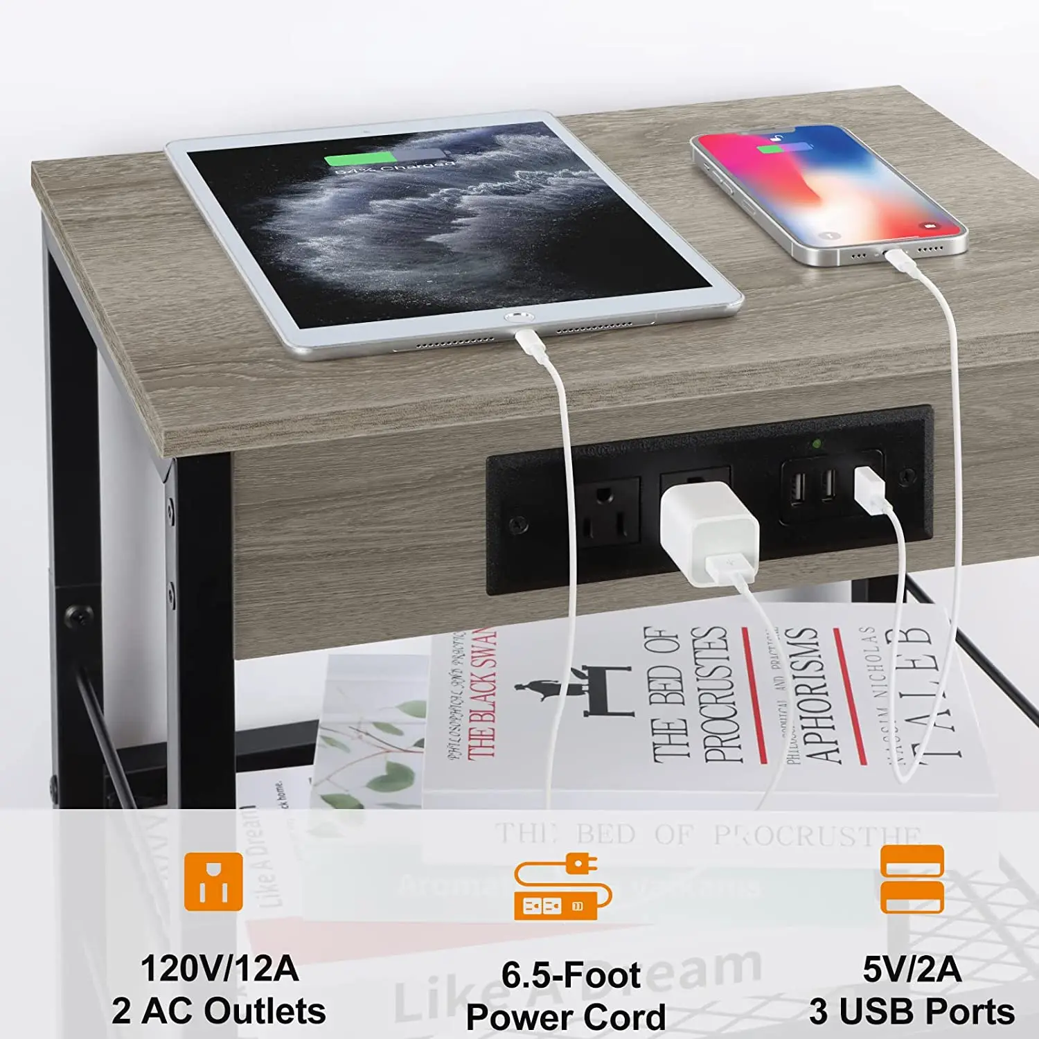 Table de chevet avec station de charge pour chambre à coucher, table d'extrémité avec ports USB et prises de courant, petite table d'appoint à 3 niveaux avec prise