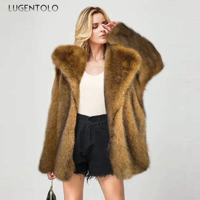 Women Faux Fur Coats 2024 High Quality Soft Fluffy Padded Warm Jacket Fashion Mid Length Lapel Loose Luxury Street Party Wear