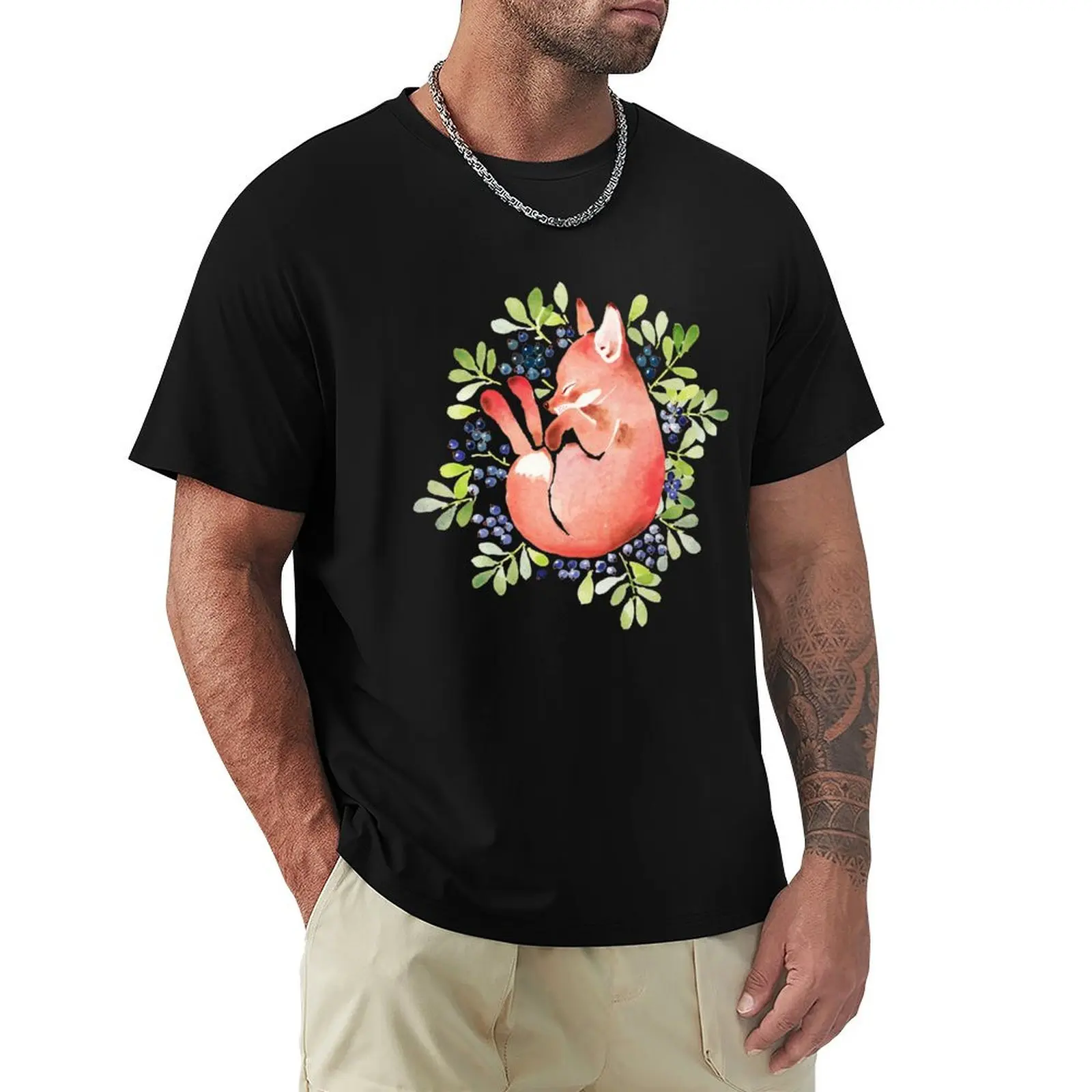 

Sleeping fox and blue berries T-Shirt cotton man t-shirts funny costumes mens graphic t-shirts funny