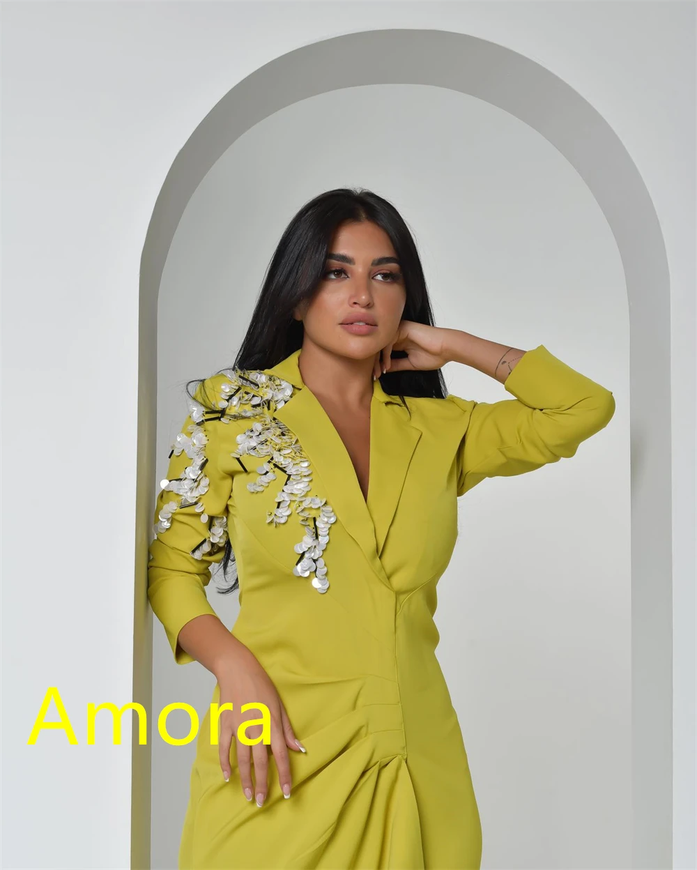 Customized Exquisite Yellow Jersey Evening Dress Formal V-Neck Short Sleeves Mermaid Front Slit Crystal Bespoke Occasion Gowns