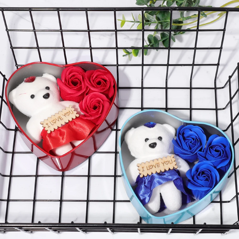 Soap Flower Little Bear Gift Iron Box Valentines Day Gift Foam Bears Bouquet Wedding Decoration Gift Festival Heart-shaped Box