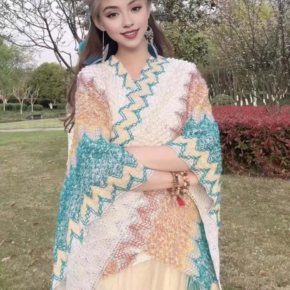 Vrouwen sjaal etnische stijl patchwork kleur mantel met koelkast decor dames breien sjaal voor cocktailjurk accessoire draperen