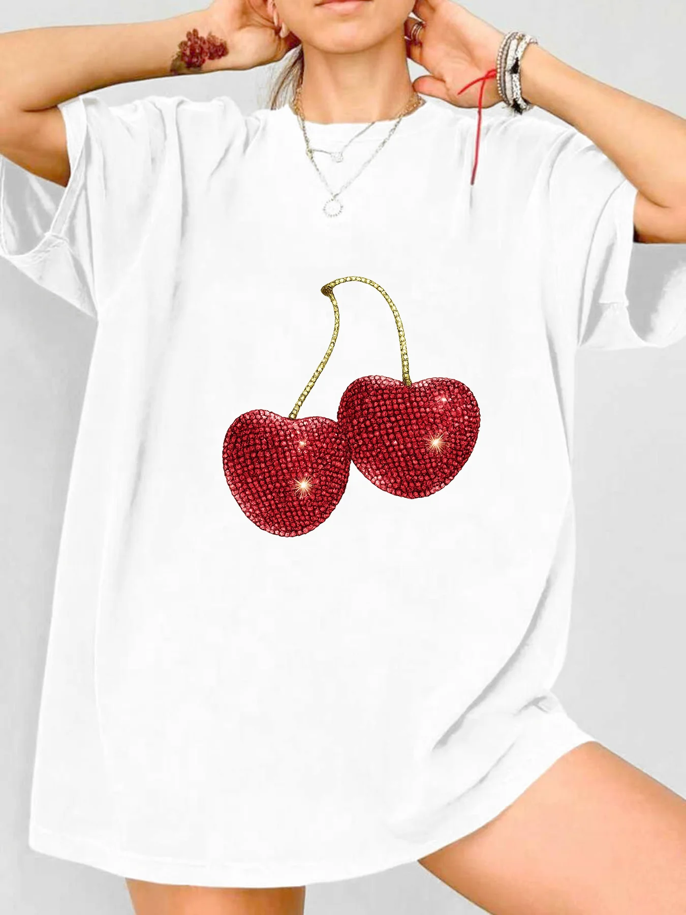 

【WDS0018】Plus size women's round neck short sleeve T-shirt with elastic half sleeves and trendy prints