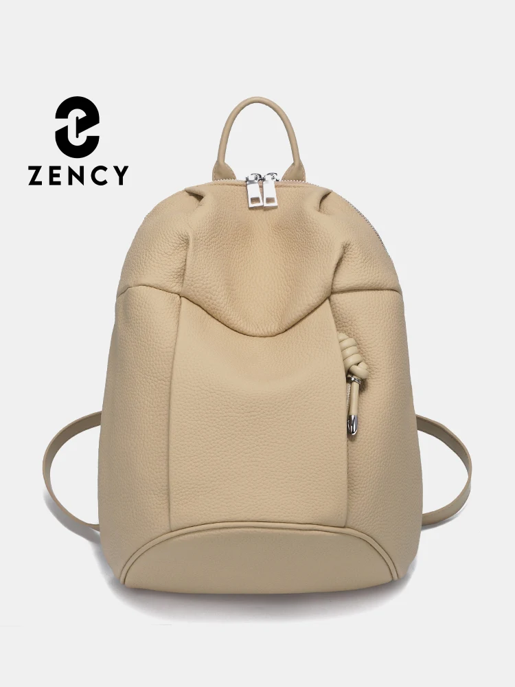 Zency Women\'s Leather Backpack Designer Large Travel Knapsack Girls String Zipper Satchel Beige Khaki Rucksack Stylish Bag