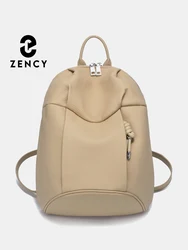 Zency Women's Leather Backpack Designer Large Travel Knapsack Girls String Zipper Satchel Beige Khaki Rucksack Stylish Bag