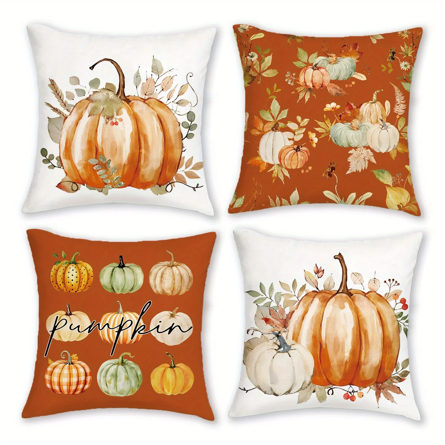 Set of 4, Vintage-Style Short Plush Throw Pillow Covers Featuring a Fall Harvest Design, Measuring 18 Inches by 18 Inches. These