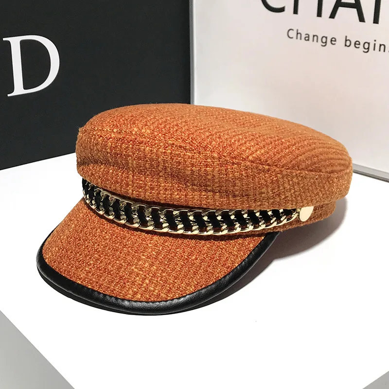 Sombrero militar con cadena a cuadros para mujer, boina octogonal coreana negra, elegante, a la moda, novedad