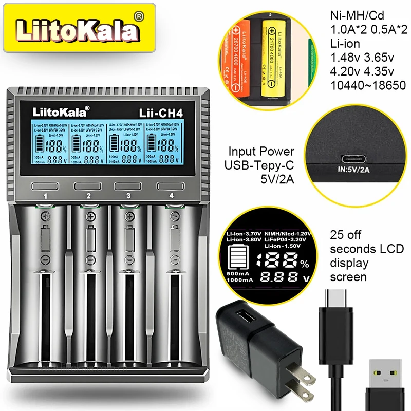 LiitoKala Lii-CH4 slimme oplader voor 18650/21700/26650/AA/AAA/Ni-MH/Li-ion, 1,2 V/1,5 V 4-slots snel opladen, USB-C, automatisch detecteren