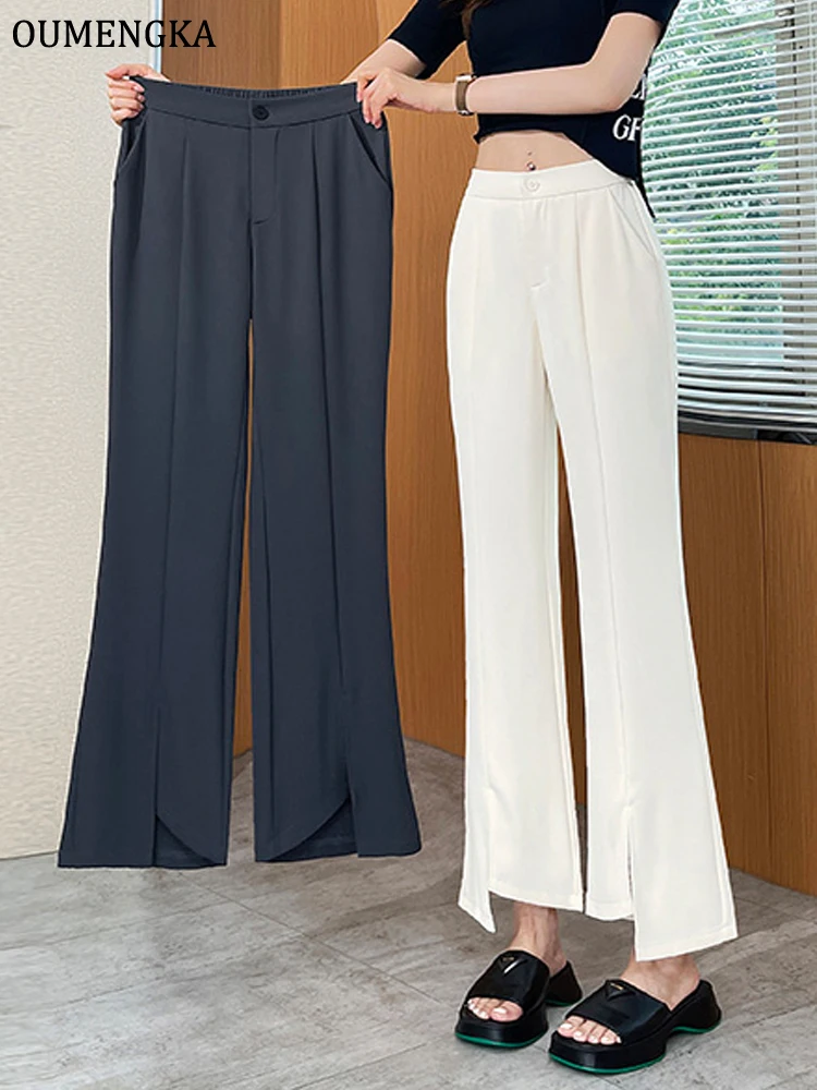 Office High Waist Front Split Pants Women Spring Summer Female Ankle-Length White Suits Pants Ladies Dark Gray Flare Trousers