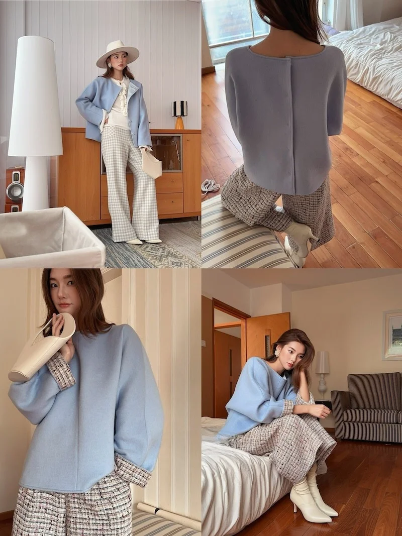 

mat Azure "Ningkong" Woolen Coat 93% Wool 7% Camere Front Ba Wear Thiened mid Length for Women Pure E-commerce