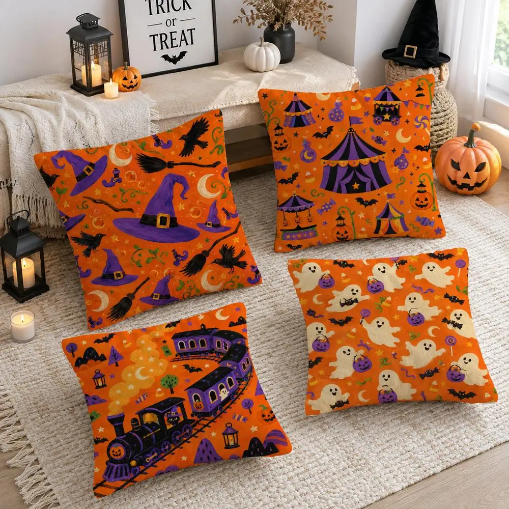 Halloween Magic Pumpkin Ghost Cushion Cover Plush Decorative Pillow Case With Hidden Zipper Cutecore Room Decor For Home