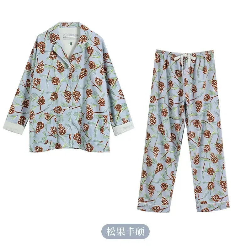 100% Cotton Pyjamas Women Set 2 Piece Cartoon Button Down Long Sleeve Sleepwear Soft Pjs Set Loose Loungewear Womens Outfits