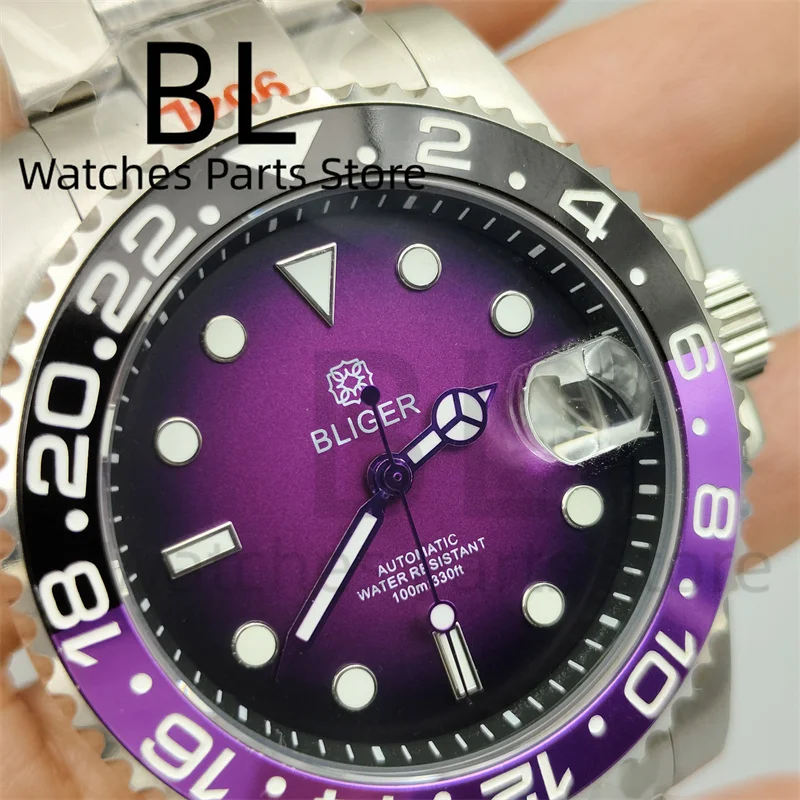 BLIGER 40mm NH35 Watch For Men Luminous Chapter Ring Black Purple Dial With Black Purple Bezel Sapphire Glass Date Waterproof