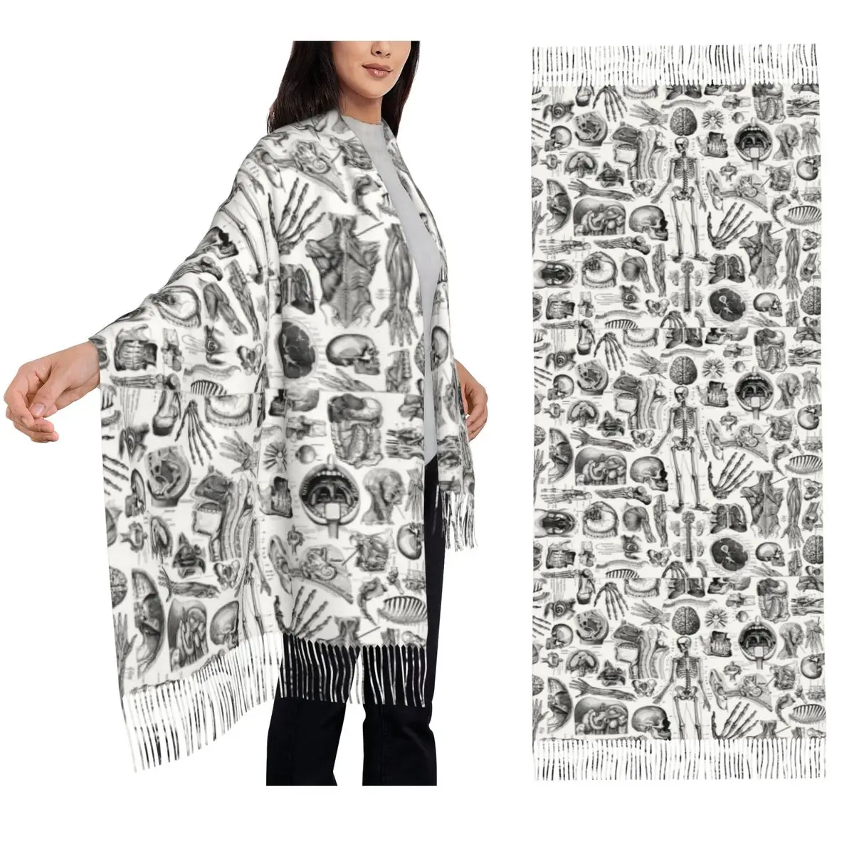 

Анатомия человека, белый шарф с принтом, шарфы с кисточками для женщин, мягкие теплые шали и накидки, большая осенне-зимняя шаль
