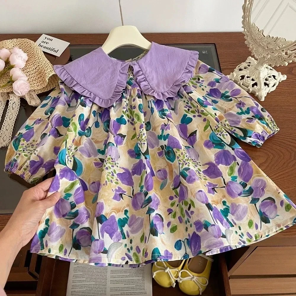 Korean Version Purple Flower Print Kids Dresses for Girls Spring and Autumn New Elegant Long Sleeved Girls' Casual Dress