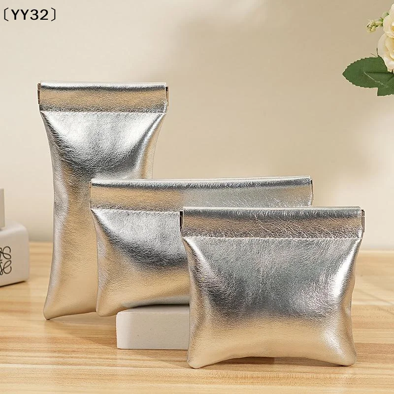 Super Cool Small Silver Wallet Portable Data Cable Storage Bag Snap Automatic Closure Wired Earphone Mini Digital Pouch〔YY32〕