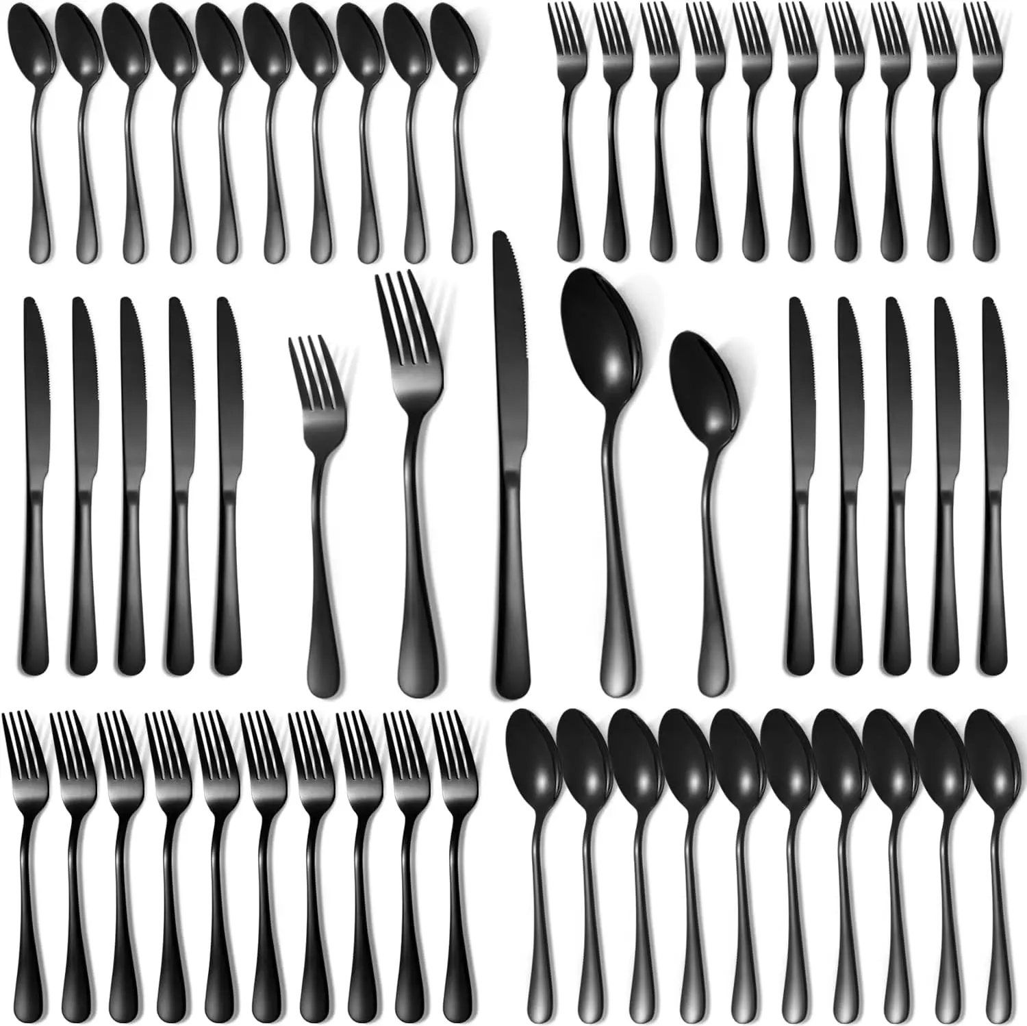 

50-Piece Black Silverware Set for 10, Mirror Polished Stainless Steel Flatware, Dishwasher Safe Utensils