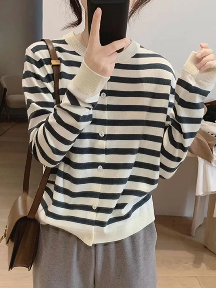 Ele minceur tricoté Cardigan Long Sve rond Ne décontracté rayé femmes haut trajet Sle Version coréenne hiver Faion