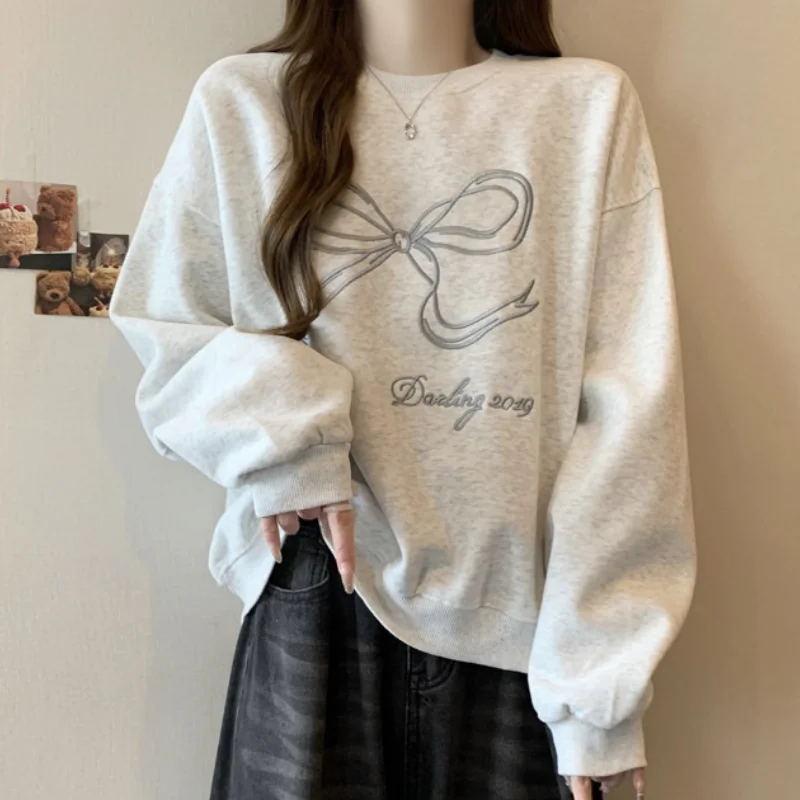 

Korean Style Sweatshirt Cotton Women Spring Autumn New Loose Versatile Bow Embroidery Round Neck No Hood Harajuku Style Hoodie