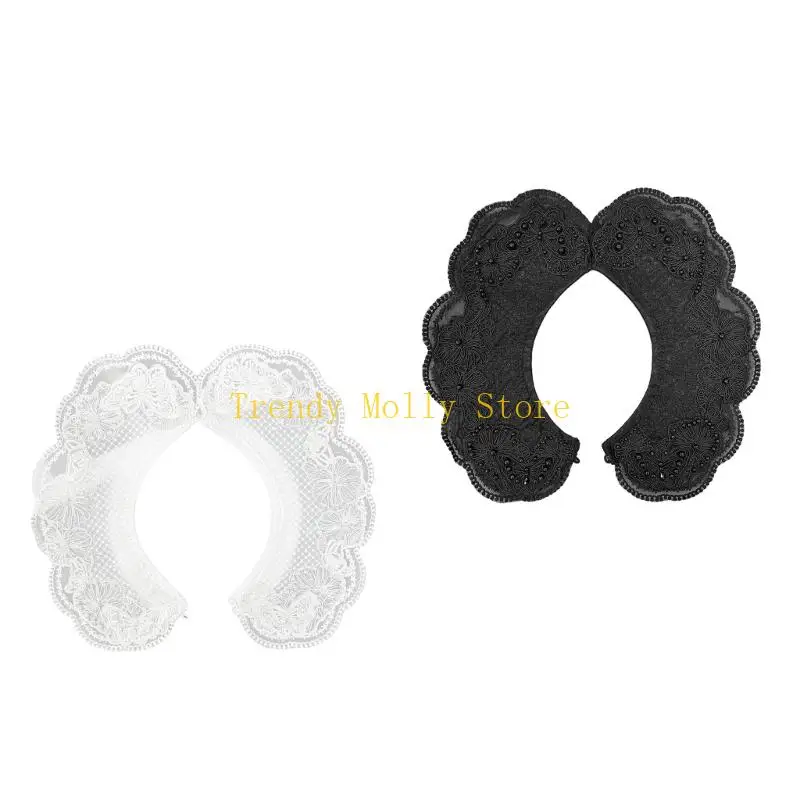 

N5KB Detachable Collar with Artificial Pearls Embroidery Beadwork Removable Collar for Office Women Daily Outfit Enhancer