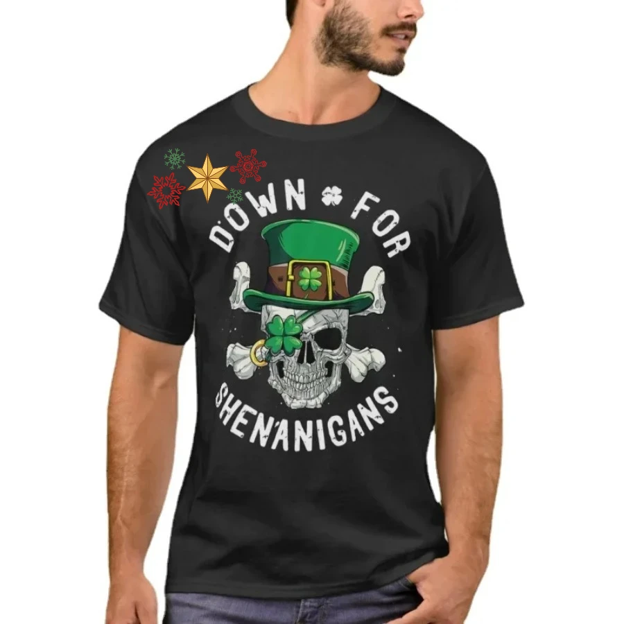 Down For Shenanigans St Patricks Day Leprechaun Pirate Skull T-Shirt 100% Cotton O-Neck Summer Short Sleeve Casual Mens T-shirt
