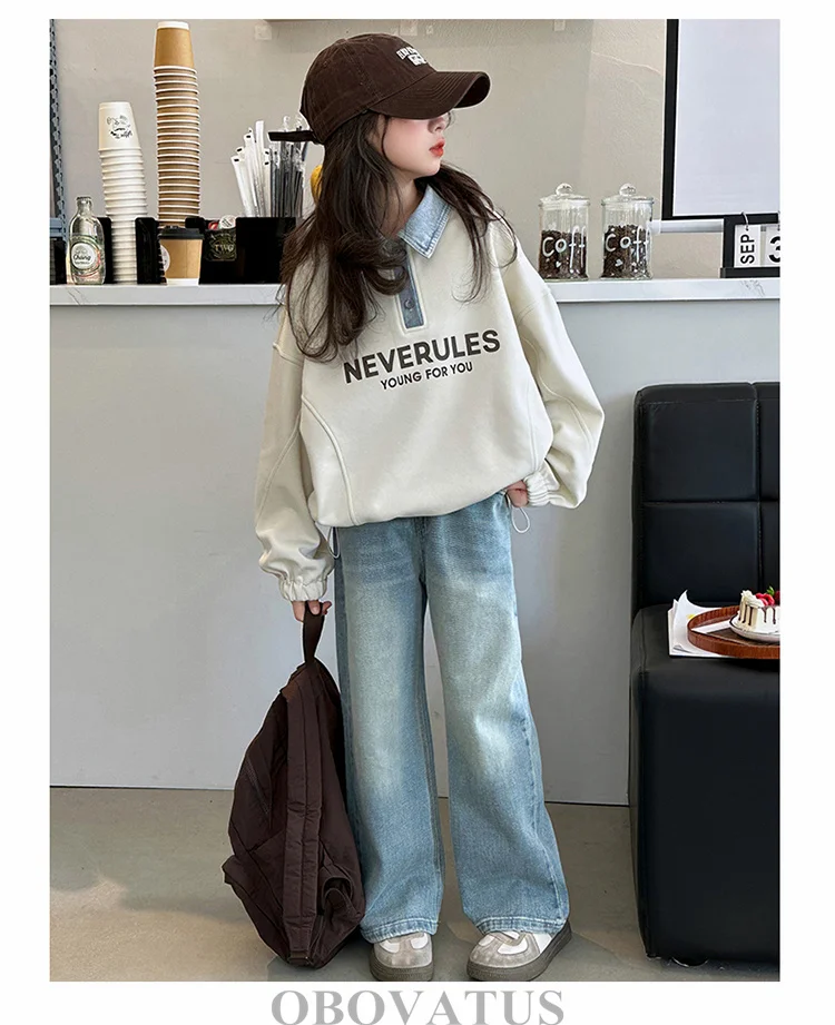 Koreanische Kinder-Langarm-Poloshirts für Mädchen Neue Mode Streetwear Kinder-Sweatshirt mit Denim-Kragen für Teenager im Alter von 5-14 Jahren – Detail 4