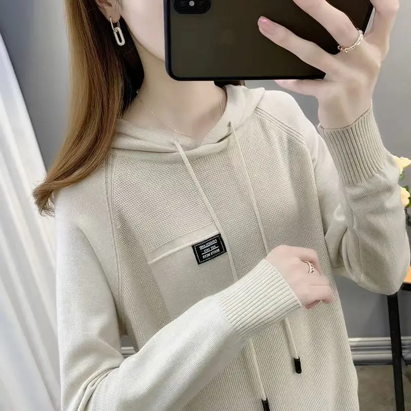 2023 New Women Spring Autumn Solid Color Hoodies Sweater Loose Casual Long Sleeve T-shirt All-match Pullovers Female Fashion Top